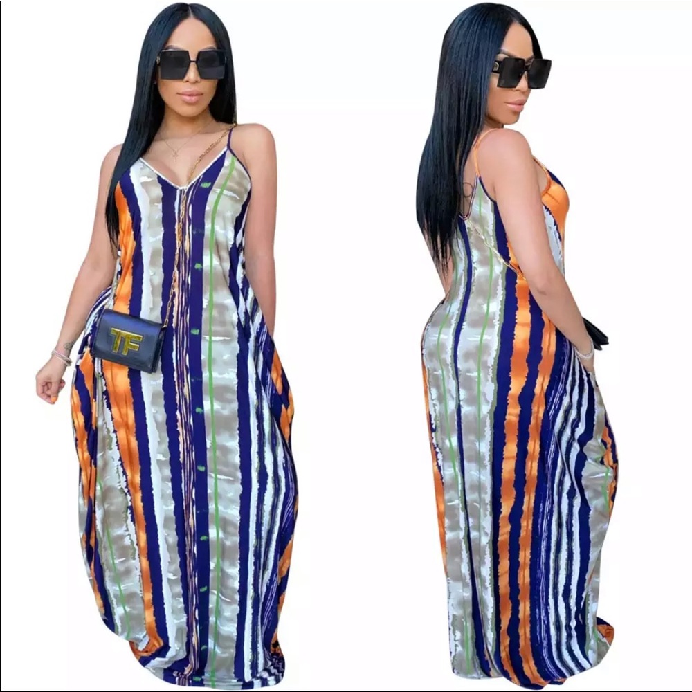 Striped print blue maxi dress.